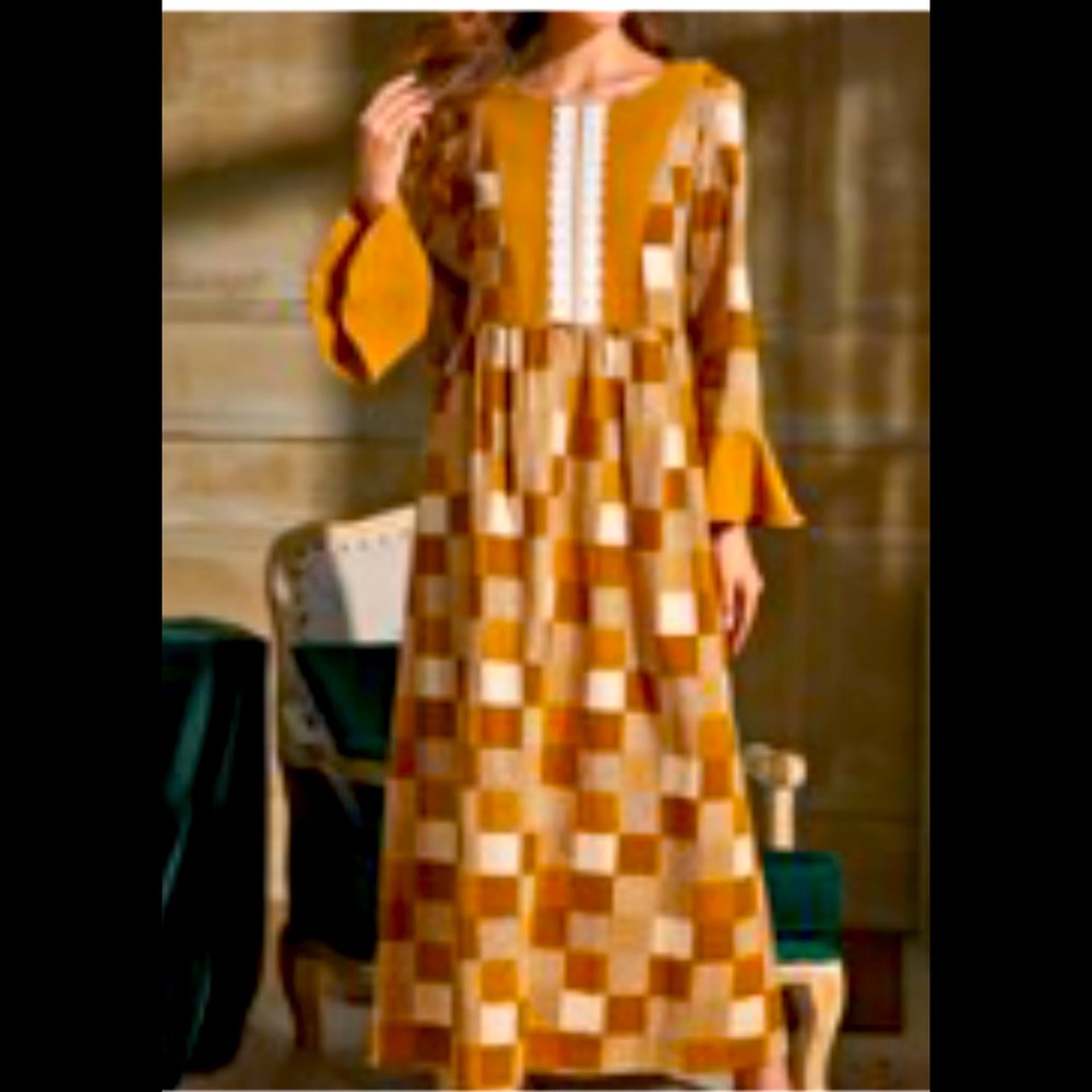 Plaid Flounce Sleeve Lace Panel Smock Dress